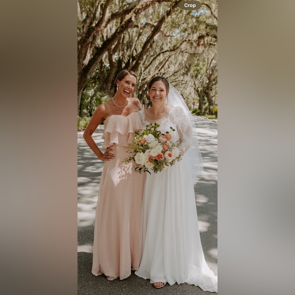 Lulu’s blush colored strapless maxi dress.